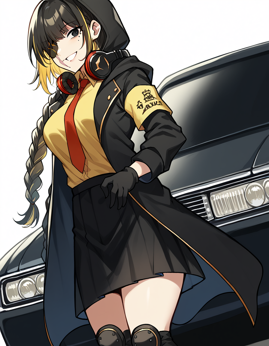 score_9, score_8_up, score_7_up, source_anime, <lora:girlsfrontline-m16a1-ponyxl-lora-nochekaiser:1>, m16a1, black hair, long hair, black eyes, streaked hair, yellow hair, bangs, braid, braided ponytail, eyepatch, mole, mole under eye, scar, scar on face,, armband, asymmetrical legwear, black gloves, black jacket, black legwear, black skirt, buttons, gloves, headphones, headphones around neck, hood, hooded jacket, jacket, knee pads, necktie, skirt, strap, unevent legwear, shirt, yellow shirt, hood down, mature female, medium breasts,, highway, cars, lanes, fast, long, smile, <lora:shaft-look-ponyxl-lora-nochekaiser:1>, shaft look, looking back, from behind, head tilt,, looking at viewer, solo,, dutch angle, cowboy shot