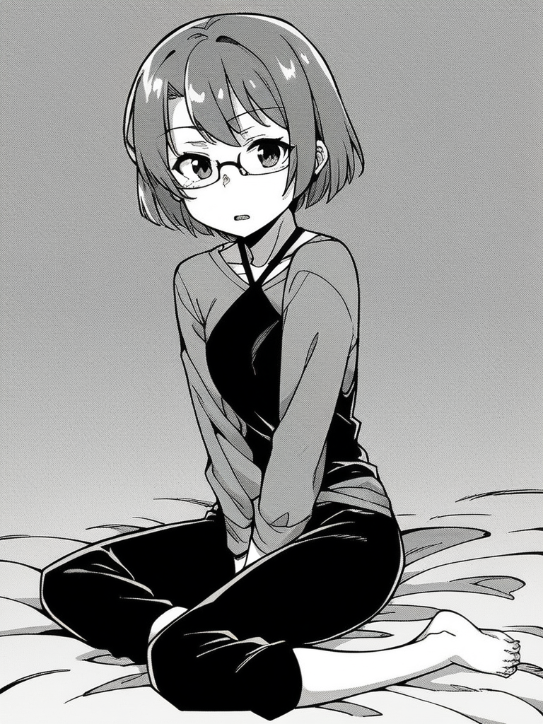 score_9, score_8_up, score_7_up,  
1girl, monochrome, futaba moe, medium hair, grey hair, small breasts, glasses,


sitting, on bed, barefoot, black pants, grey t-shirt, long sleeves, overshirt, black camisole, halterneck, looking at viewer, frown, parted lips,