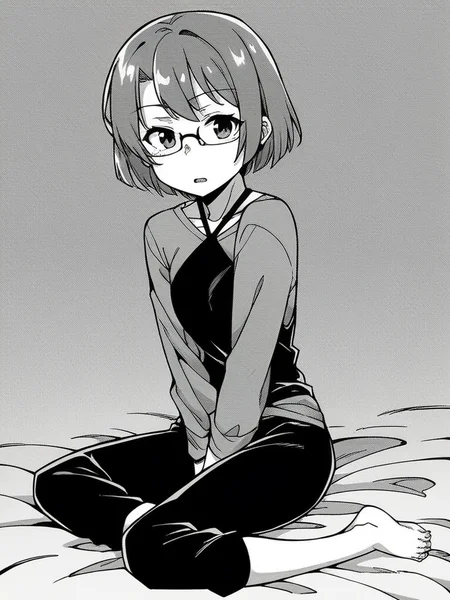 score_9, score_8_up, score_7_up,
1girl, monochrome, futaba moe, medium hair, grey hair, small breasts, glasses,
sitting, on bed, barefoot, black pants, grey t-shirt, long sleeves, overshirt, black camisole, halterneck, looking at viewer, frown, parted lips,