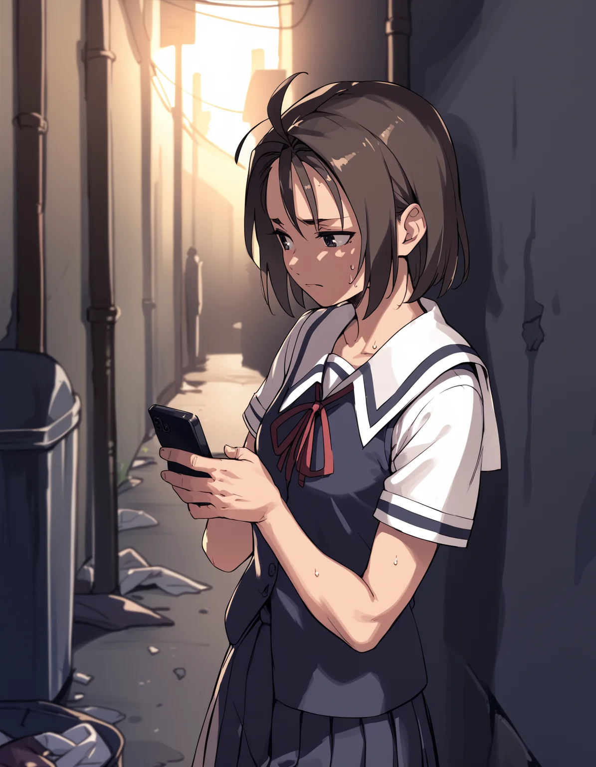 score_9, score_8_up, score_7_up <lora:kazama-akira-ponyxl-000013:1> rskzm, serafuku, blue vest,
smartphone, looking to the side, nervous sweating, alley, dim lighting, trash, night