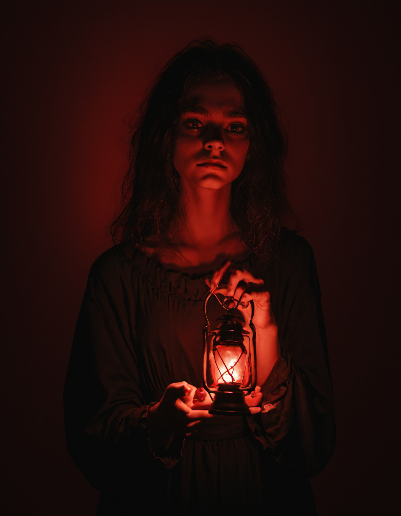 horror style score_9, score_8_up, score_7_up, score_6_up, drkdl, low key, dramatic lighting, solo, 1girl,  cute,  smirk,  holding a lantern, red theme, dark, <lora:DRKDL:0.8>  . dark, eerie, gothic, macabre