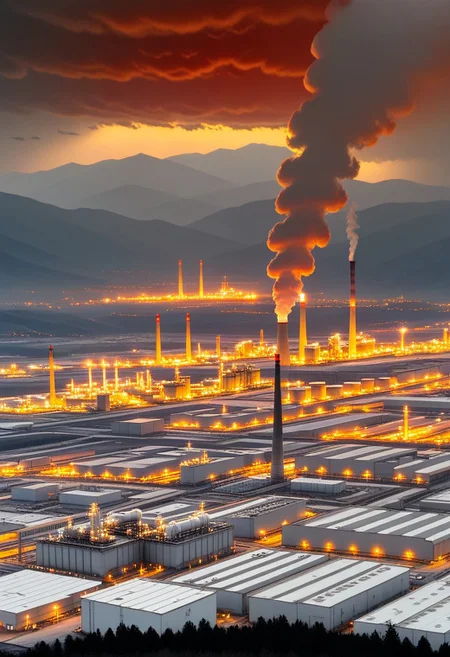 A dense layer of gray clouds illuminated in red from above, a small golden sun, light gray mountains in the distance on the horizon among which power plants and industrial buildings can be seen, closer gray mountains on the horizon among which power plants and industrial buildings can be seen, black mountains on the horizon among which power plants and industrial buildings can be seen,