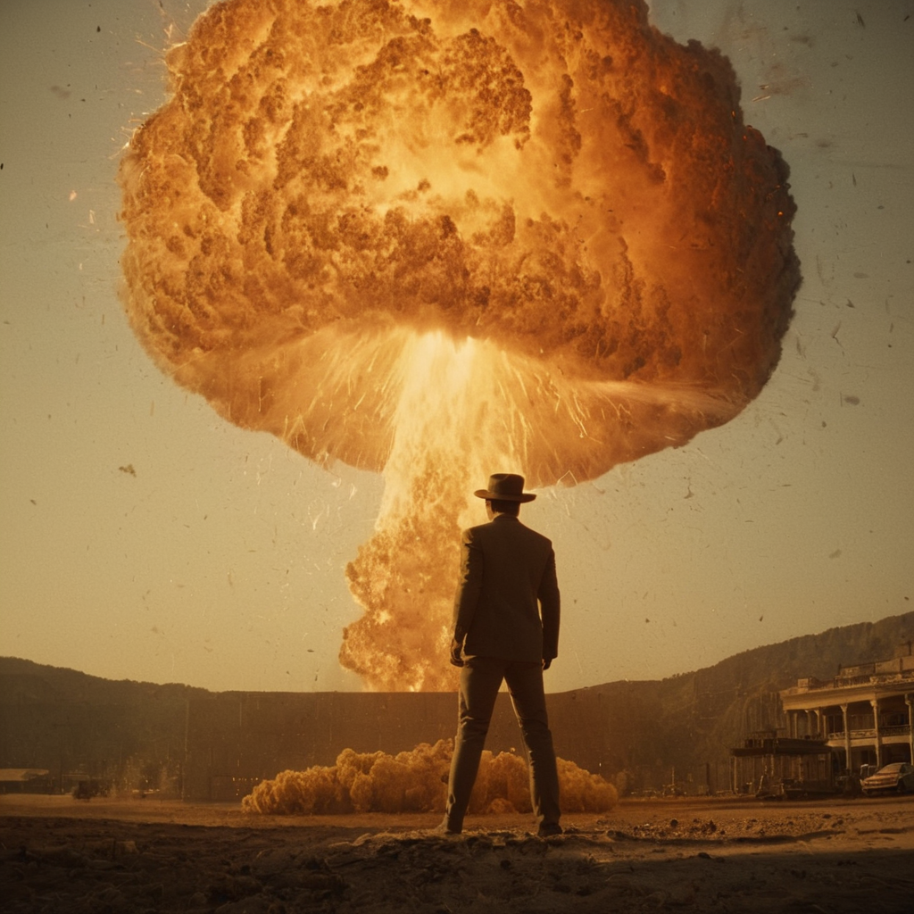 cinematic film still of  <lora:Warm Lighting Style:1>
warm light,a man standing in front of a huge explosion,warm lighting style,solo,1boy,hat,standing,monochrome,male focus,outdoors,sky,cloud,from behind,scenery,sepia 3200k, orange color, yellow color, warm color, straw color, golden color, nuclear explosion, covered in shadow, shallow depth of field, vignette, highly detailed, high budget, bokeh, cinemascope, moody, epic, gorgeous, film grain, grainy