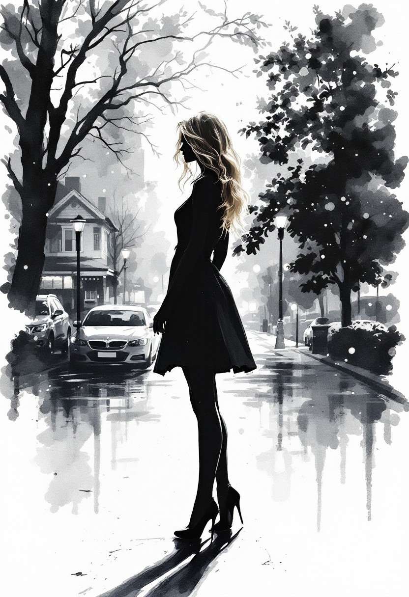 silhouette of a blonde woman in heels, white background watercolor, gray cityscape, house, tree, lights, transparency, air, blurred, white edges, matte, minimalism, sketch