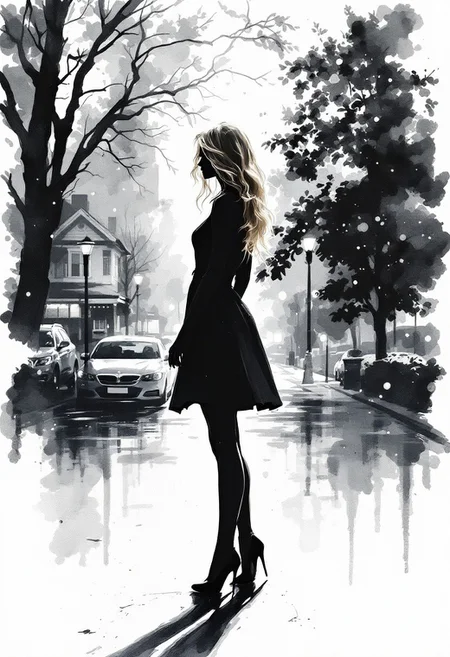silhouette of a blonde woman in heels, white background watercolor, gray cityscape, house, tree, lights, transparency, air, blurred, white edges, matte, minimalism, sketch