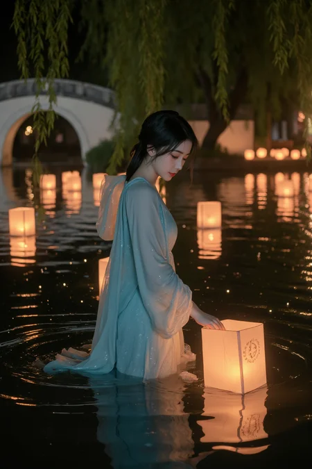 <lora:ã麦æ©éè¡£ãMajicflus:0.7>, qingyi, The tranquil lake at night is illuminated by the soft, ethereal glow of stationary lanterns. A young woman stands waist-deep in the water, her short, cyan translucent hanfu soaked and clinging to her body. The delicate fabric accentuates the fullness of her chest, her skin shimmering with a blend of warm lantern light and the waterâs reflective sheen. She gazes downward, her focus drawn to her reflection in the rippling surface, surrounded by gentle waves that mirror the myriad red glows of lanterns. The lake sparkles like scattered stars, adding a layer of mystery to the scene. In the background, an ancient stone bridge and hanging willow branches frame the composition, while motionless lanterns float serenely on the water, casting an otherworldly glow over the setting.âââ