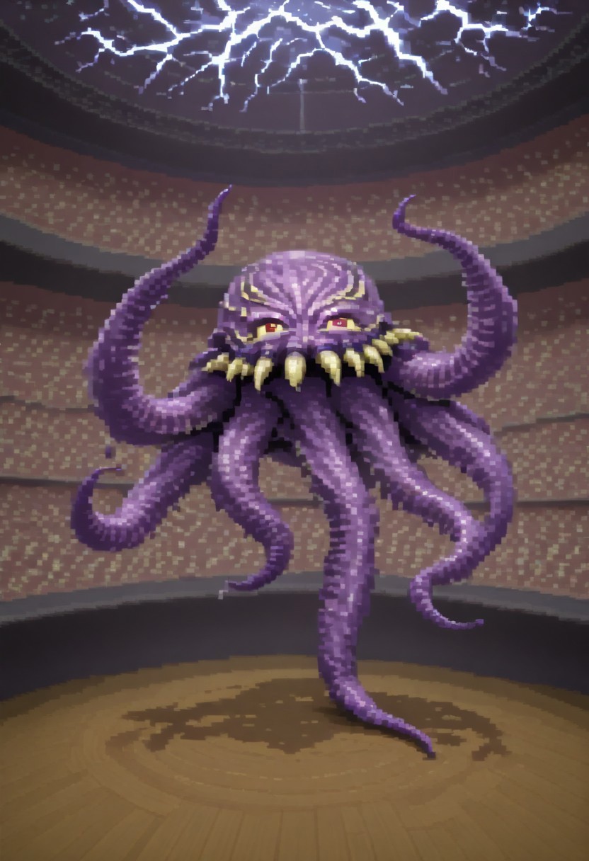 c64style, masterpiece,ultros, monster, solo, no humans, dancing on stage, lightning and fire,
