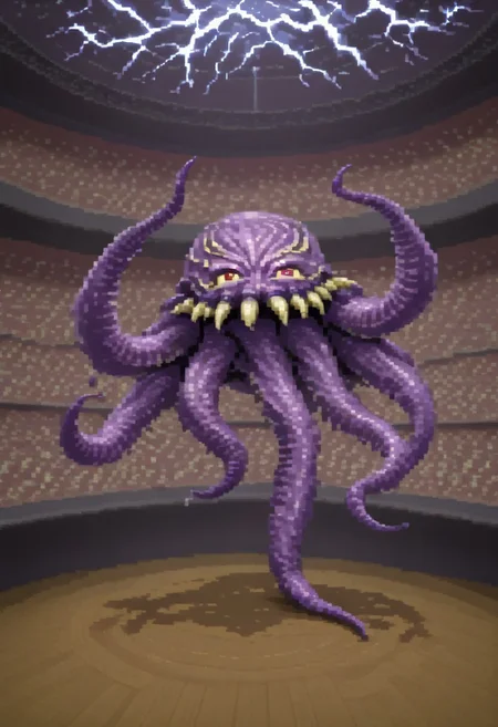 c64style, masterpiece,ultros, monster, solo, no humans, dancing on stage, lightning and fire,