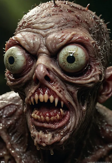score_9, score_8_up, score_7_up, score_6_up, score_5_up, BREAK, A grotesque zombie that is gooey and slimy but has very cute eyes.realistic with an infestation of small slug creatures.  cute eyes with eyelashes and ring lighting.