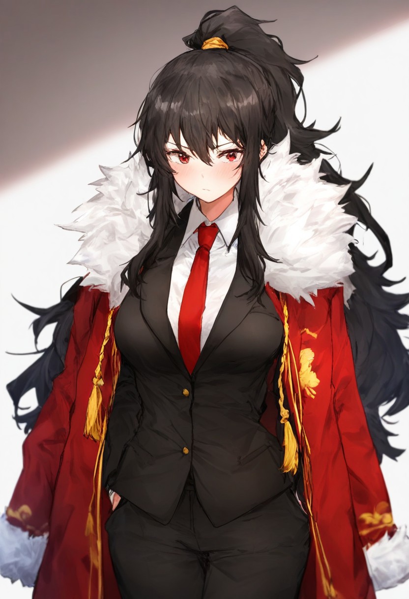 result_9, result_8, result_7, masterpiece, best quality, amazing quality, very aesthetically pleasing, 1 girl, beautiful girl, sexy girl, XiaoLOR, long hair, black hair, ponytail, red eyes, XiaoNormal, black pants, red necktie, red coat, fur trim, black jacket, white shirt