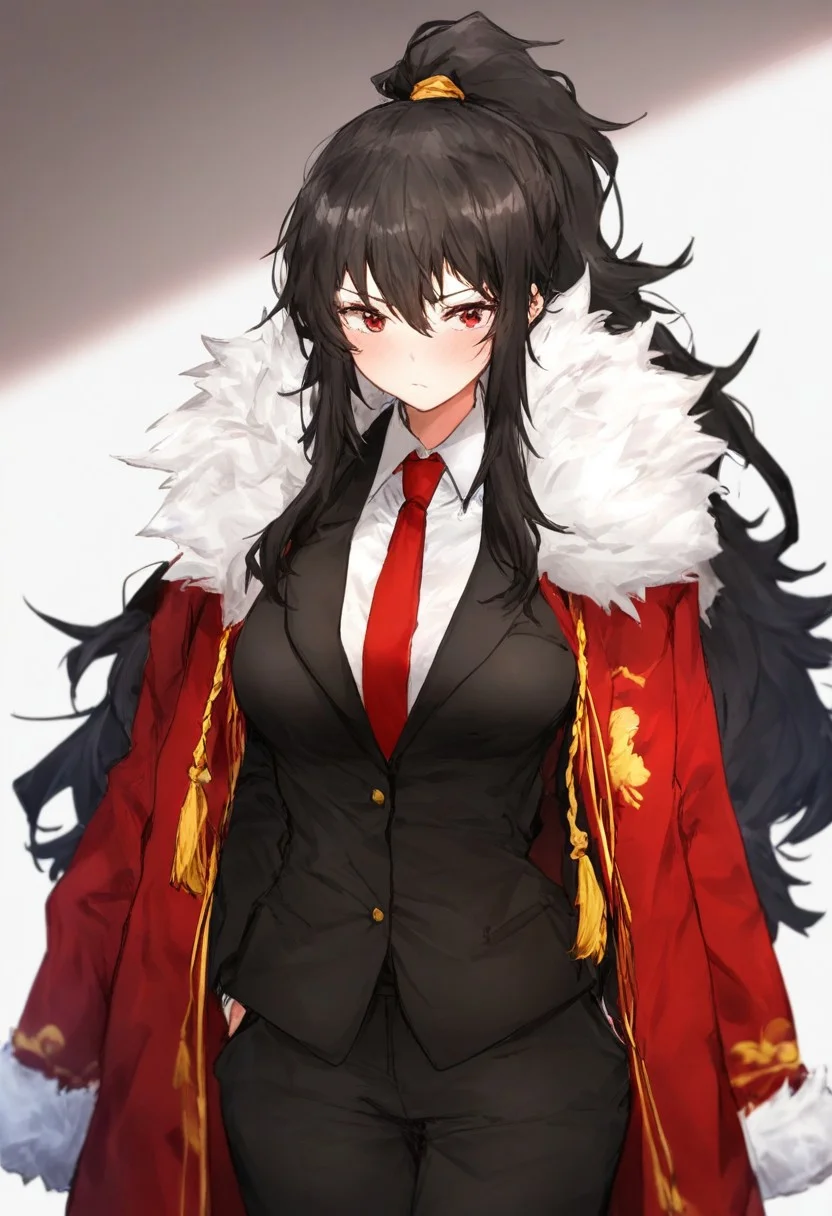 result_9, result_8, result_7, masterpiece, best quality, amazing quality, very aesthetically pleasing, 1 girl, beautiful girl, sexy girl, XiaoLOR, long hair, black hair, ponytail, red eyes, XiaoNormal, black pants, red necktie, red coat, fur trim, black jacket, white shirt