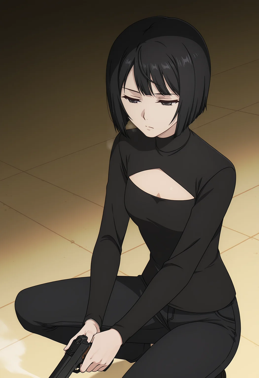 <lora:Echika Hieda_illustrious-000026:1>,
Echika Hieda,1girl,solo,pants,arms at sides,long sleeves,shirt,bob cut,turtleneck,black pants,black shirt,closed mouth,sweater,jeans,chest opening,fighting stance,holding gun,handgun,squatting,steam,agent,frown,half-closed eyes