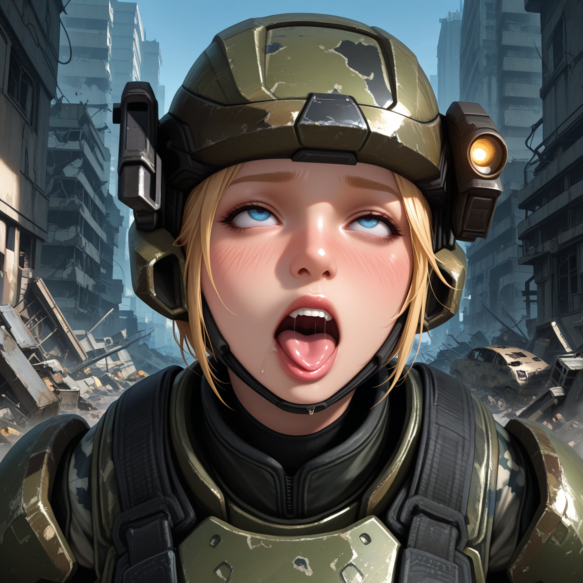 Masterpiece, high-res, 2k, best quality, 2.5d, realistic, 1 girl ,  fem marine, helmet, headlight , armor, blonde hair, blue eyes , realistic, military, gray camouflage, black balaclava,  face cover , scifi , medium shot, in a destroyed city<lora:fem_marine_illus-000049:1>  HDA_AhegaoXL