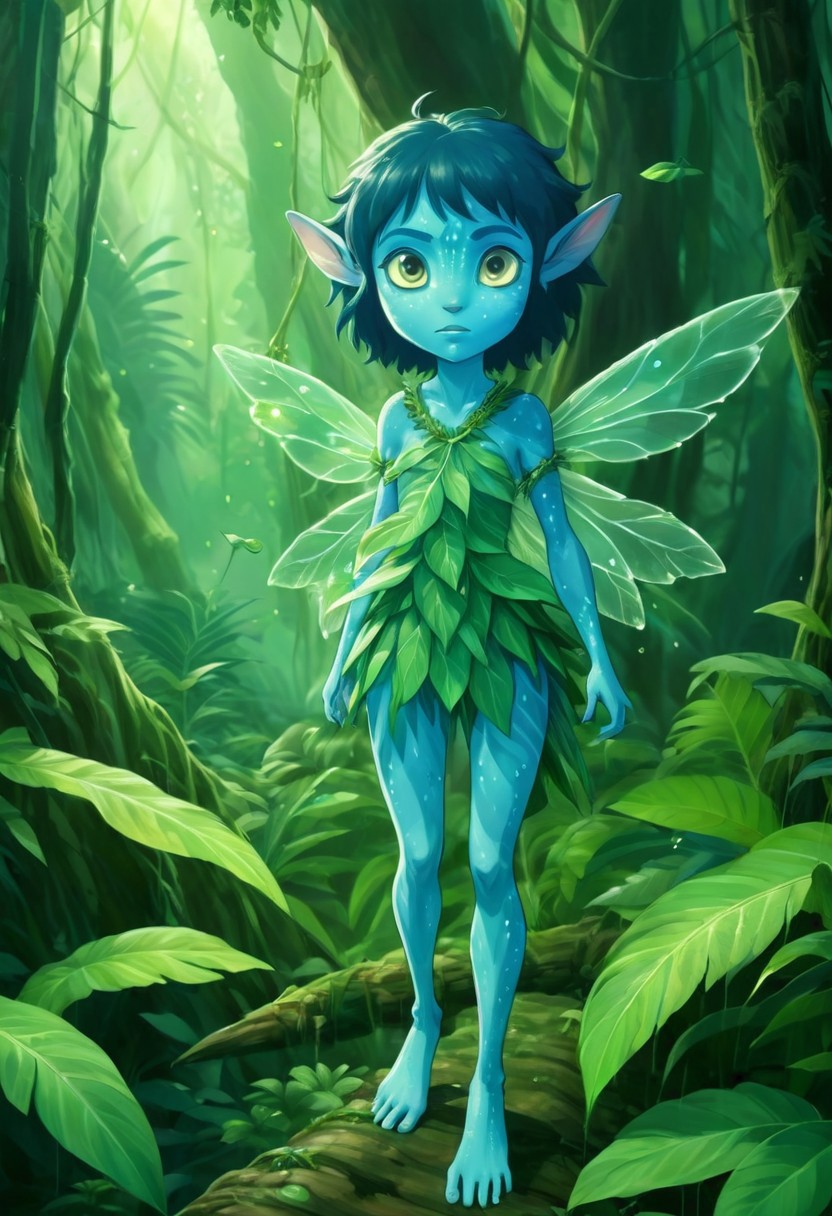 Studio Ghibli Style anime painting of a young female Avatar navi alien with blue skin, wearing leaf and bark armor, dressed up as a fairy with large translucent leaf wings in a bioluminescent jungle
