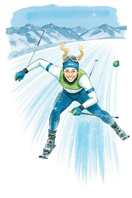 watercolor illustration.
A joyful skier is mid-jump, caught in mid-air with a wide, beaming smile. She is dressed in a sleek, form-fitting ski suit that is predominantly white with blue and green accents. The suit features a green stripe on the shoulders and a blue stripe on the upper arms. She wears a blue toqaue with skiing googles, with her blonde hair tied back. <lora:watercolor.comic1_cap_d6a3:1.0><lora:830619501071684569:0>