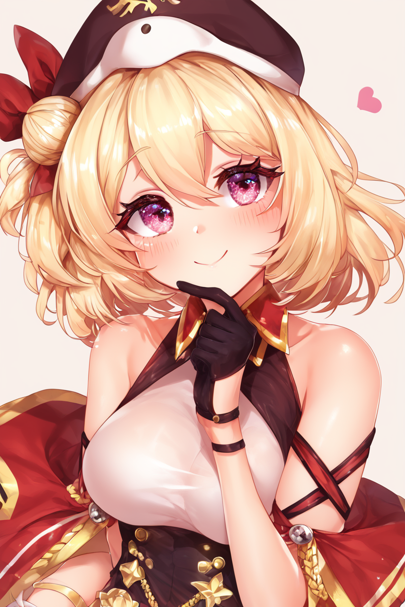 score_9, score_8_up, score_8, medium breasts, (curvy), cute, eyelashes,       ,,, , ,,, zzLeipzig, hair between eyes, pink eyes, blonde hair, hair bun, hair ribbon, one side up, short hair, single hair bun, hat, bare shoulders, purple eyes, ribbon, gloves, black gloves, medium breasts, black headwear, large breasts,  <lora:Leipzig_Azurlane_PDXL:1.0>,  ,,,, BREAK, smile, closed mouth, looking at viewer, cowboy shot, ,,, embedding:zPDXL, Expressiveh, ,,, <lora:Puppypaww_Style_PDXL_v2:0.8>, <lora:SDXLFaeTastic2400:0.5>, <lora:Expressive_H-000001:0.4>,