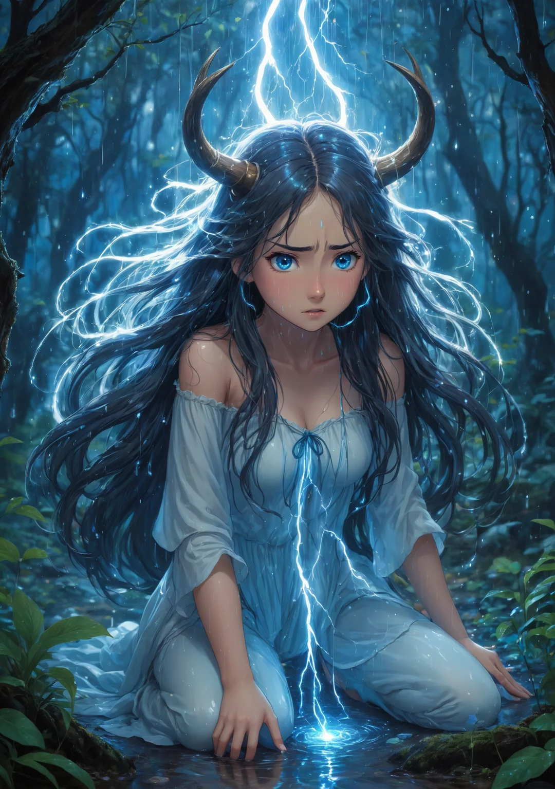 2D anime style, inspired by Studio Ghibli, ethereal young woman with long flowing hair, tears flowing, hair flowing over, kneeling in a magical forest during a thunderstorm, surrounded by glowing blue energy. She has expressive, teary eyes filled with sorrow and determination. Her delicate, glowing horns crackle with electricity, reflecting her inner turmoil. The detailed background features lush, mystical plants and softly glowing lights, with raindrops creating ripples in the puddles around her. The atmosphere is serene yet tense, capturing the emotional moment of her awakening to newfound powers, feeling both fear and empowerment. High detail and complexity