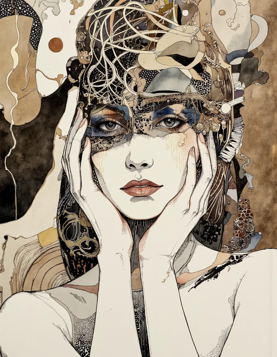 Art by Akiya Kageichi.
A highly detailed, abstract watercolor and ink painting of a woman's face. The artwork is characterized by a blend of soft and hard lines, creating a dynamic interplay between smooth and textured surfaces. The woman's face is depicted in a surreal, fragmented manner, with her eyes, nose, and mouth visible but partially obscured by abstract shapes and patterns. Her expression is contemplative, with her lips slightly parted and her eyes gazing directly at the viewer.
The background features a mix of muted earth tones, including browns, beiges, and whites, which contrast with the darker, more defined areas of the painting. The woman's hair is depicted as a mass of intricate, swirling lines, adding to the overall abstract feel of the piece. Her hands are delicately placed near her face, with her fingers gently touching her cheeks, adding a sense of tenderness and introspection.
The use of watercolor and ink gives the painting a fluid, organic quality, with the ink providing sharper lines and the watercolor creating softer, more blended areas. The overall style is a blend of surrealism and abstract expressionism, with a focus on emotional depth and visual complexity.