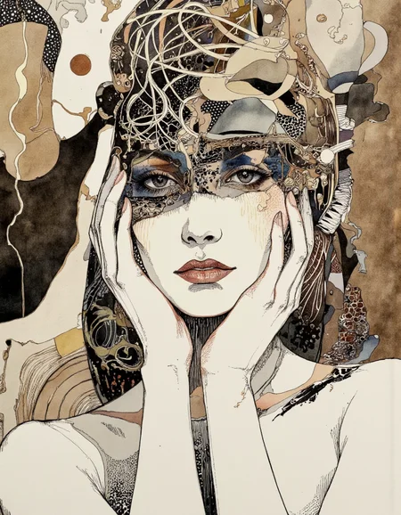 Art by Akiya Kageichi.
A highly detailed, abstract watercolor and ink painting of a woman's face. The artwork is characterized by a blend of soft and hard lines, creating a dynamic interplay between smooth and textured surfaces. The woman's face is depicted in a surreal, fragmented manner, with her eyes, nose, and mouth visible but partially obscured by abstract shapes and patterns. Her expression is contemplative, with her lips slightly parted and her eyes gazing directly at the viewer.
The background features a mix of muted earth tones, including browns, beiges, and whites, which contrast with the darker, more defined areas of the painting. The woman's hair is depicted as a mass of intricate, swirling lines, adding to the overall abstract feel of the piece. Her hands are delicately placed near her face, with her fingers gently touching her cheeks, adding a sense of tenderness and introspection.
The use of watercolor and ink gives the painting a fluid, organic quality, with the ink providing sharper lines and the watercolor creating softer, more blended areas. The overall style is a blend of surrealism and abstract expressionism, with a focus on emotional depth and visual complexity.