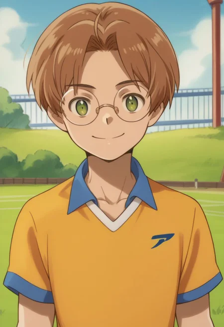 score_9, score_8_up, source_anime, highly detailed, 1boy, solo, male_focus, skinny,
1boy, male focus, glasses, solo, sportswear, brown hair, green eyes, shirt,
soccer uniform, yellow shirt, facing viewer, upper body, short hair, smile,
outdoor,