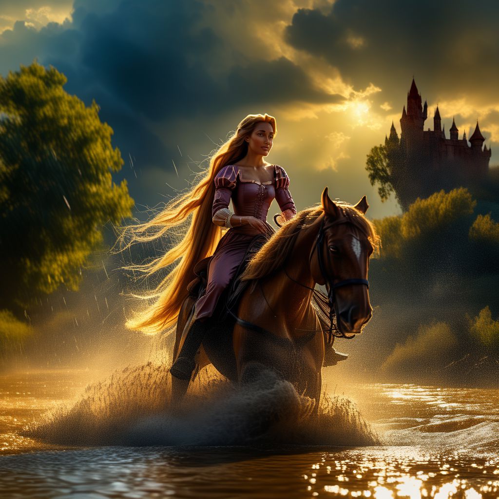 rapunzel, 1girl, riding horse, through the river, water splashes, heavy clouds, light and shadow, realistic