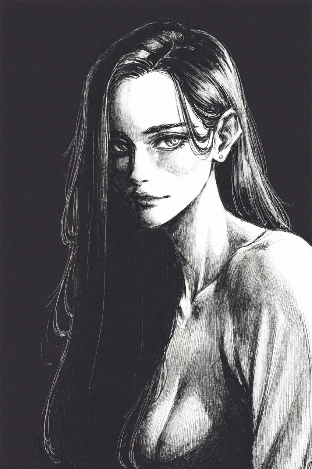 score_9, score_8_up, score_7_up, 1girl, black hair, long hair, solo, solo focus, portrait, simple background, (black background:1.5), monochrome, greyscale, dark, p65fn <lora:ruffct:1>