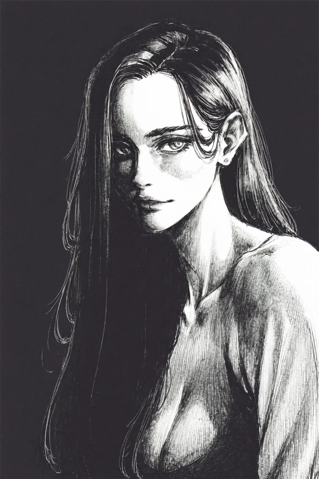score_9, score_8_up, score_7_up, 1girl, black hair, long hair, solo, solo focus, portrait, simple background, (black background:1.5), monochrome, greyscale, dark, p65fn <lora:ruffct:1>