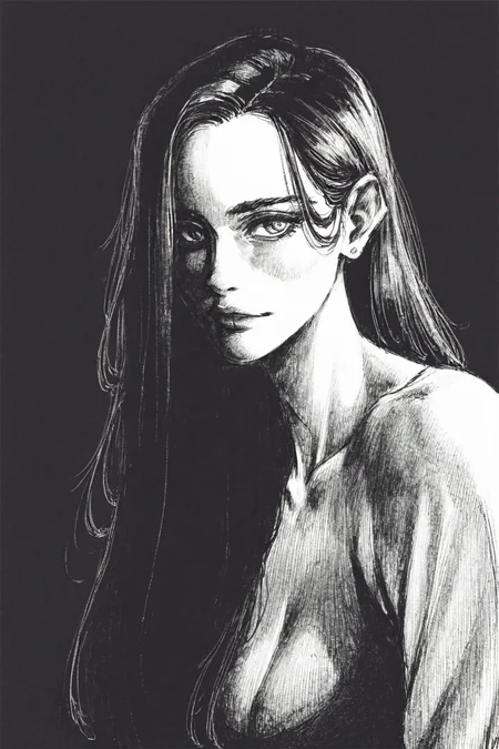 score_9, score_8_up, score_7_up, 1girl, black hair, long hair, solo, solo focus, portrait, simple background, (black background:1.5), monochrome, greyscale, dark, p65fn <lora:ruffct:1>