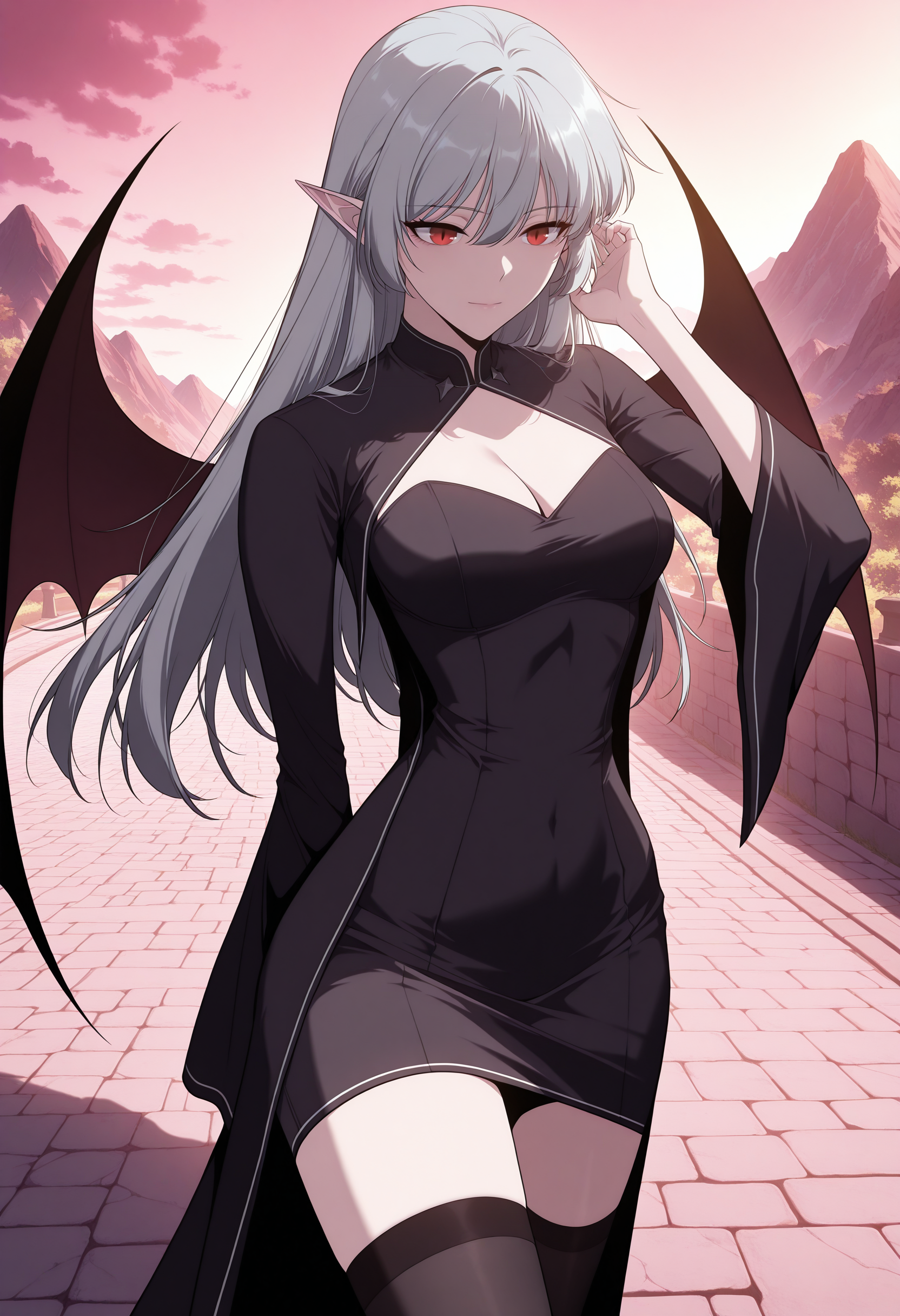 masterpiece,best quality,1girl,red eyes,devil_eyes,long hair,grey hair,hair between eyes,pointy ears,flowing hair,medium breast,cleavage,VampireDZ1,black dress,pencil dress,high collar,collared dress,cut-out dress,open back,white trim,black robe,long sleeves,flowing sleeves,flared cuffs,bat wings,demon wings,red lining,thigh-highs,garter straps,1girl, solo, masterpiece, newest, absurdres, best quality, amazing quality, very aesthetic, ultra-detailed, highly detailed, anime-style, detailed background, vibrant colors, delicate, dreamy, cinematic lighting,volumetric lighting,ray tracing, dramatic shadows,dappled light, clouds, outdoors, mountain stream, cobblestone road, walking, arm behind back, tucking hair,,
anime screencap,anime coloring,<lora:AliceF7:1>,<lora:anime_screencap-IllustriousV2:0.7>,