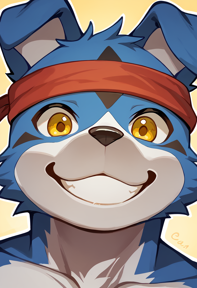 high res, best quality, gaomon_digimon, furry, headband, solo, 1boy, cute, happy, smiling, yellow eyes, upper body, looking at viewer, <lora:Gaomon_Digimon:1>