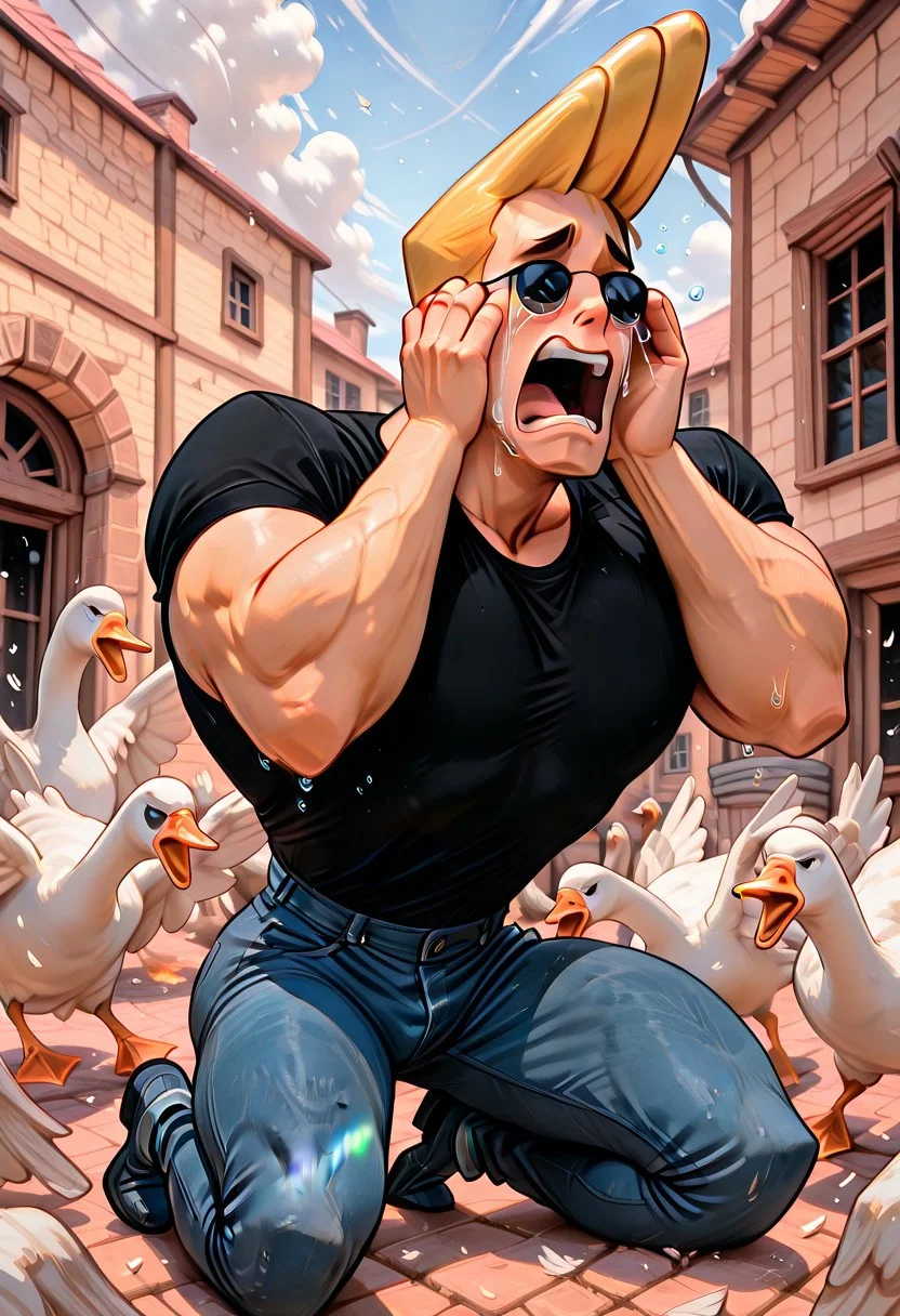 Masterpiece, absurdres, best quality, newest, (solo:1.3), highly detailed, JohnnyBravo-ARAI-IL, 1boy, male focus, black t-shirt, blue jeans, sunglasses, (muscular:1.3), blonde hair, screaming, cowering, on knees, crying, tears, goose ambush, 6+ geese, houses in background, detailed background