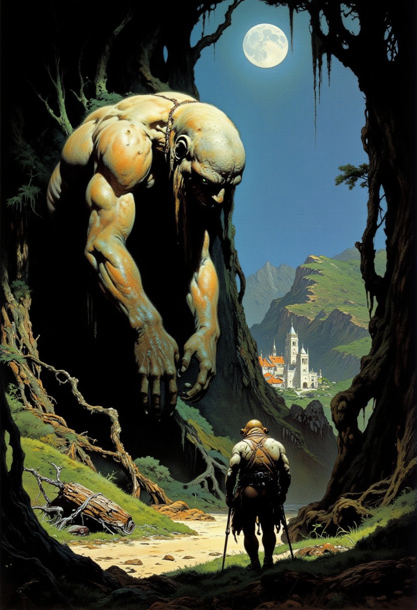 Frank Frazetta fantasy oil painting of A huge creature lumbers into the woods, its massive arms pushing aside the thick trees. Its face is obscured by long, matted fur that covers the entirety of its body. It's eyes glow a pale green, conveying a hint of melancholy. It is looking back over its shoulder to the quaint village in the background. The moon cast haunting shadows amongst the trees and across the creature, heightening the feeling of fright, but also sadness.