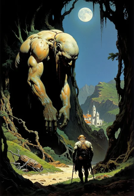 Frank Frazetta fantasy oil painting of A huge creature lumbers into the woods, its massive arms pushing aside the thick trees. Its face is obscured by long, matted fur that covers the entirety of its body. It's eyes glow a pale green, conveying a hint of melancholy. It is looking back over its shoulder to the quaint village in the background. The moon cast haunting shadows amongst the trees and across the creature, heightening the feeling of fright, but also sadness.