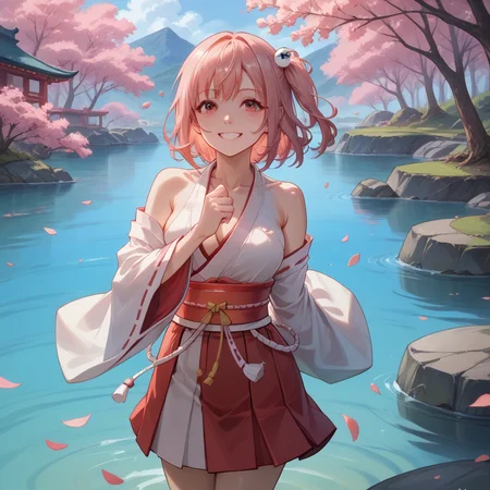 score_9, score_8_up, score_7_up, score_6_up, score_5_up, sourse_anime,   zPDXL,  rating_ safe BREAK,
solo, 1girl,  <lora:ponyRealistic_v1-gamma:-0.4>
 <lora:doahonoka:1>, honoka, one side up, pink hair, honokamiko, hakama short skirt, japanese clothes,  white thighhigh, in japanese garden,  smile,  happy, arms wrapped around knees, showing vulnerability, <lora:add-detail-xl:1> <lora:detail_eyes:0.5>