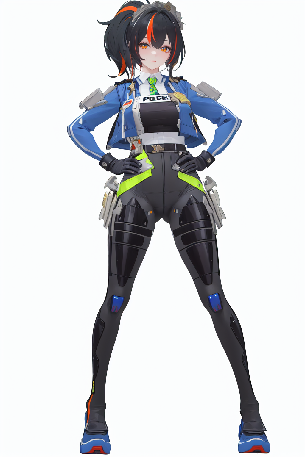 8k, best quality, masterpiece, (ultra-detailed), (high detailed skin), 
(full body:1.25), (white background:1.4), (simple background), standing, looking at viewer, (solo:1.2), hands on hips, 
<lora:zhuyuan-sd-Tanger:0.9>, zhuyuan, default clothes, Police combat uniforms, 1girl, multicolored hair, black hair, blue jacket, gloves, streaked hair,