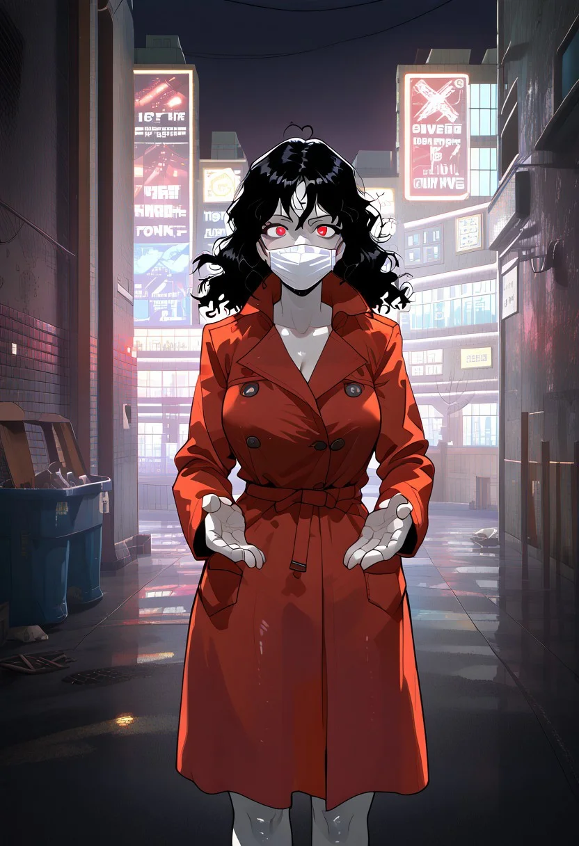 Kuchisakexl, Dr. Xintage (/style), ruanyi0724,alley,power lines,neon lights, surgical mask, red eyes, flashing, trench coat, messy hair, pale skin, hairy, ghost woman, yokai, shiny skin, dynamic lighting, cell shading, deep shadows, multi-panel, best quality, highest quality, clear, neghands, correct anatomy