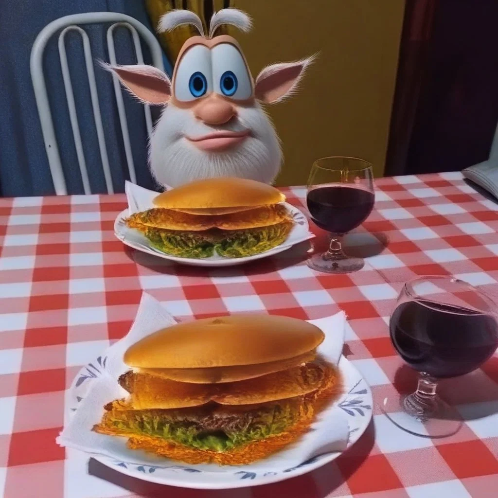source_cartoon (Booba , 1boy,Blue Eyes , antenna and a tail,3D Style ,four fingers (on his hands) ,three toes (on his feet) ,bulbous nose) mikus-concept, sunglasses, standing, confident pose, raised eyebrow, negative_hand mikus-concept, dinner, burger, wine, table, upper body, chair