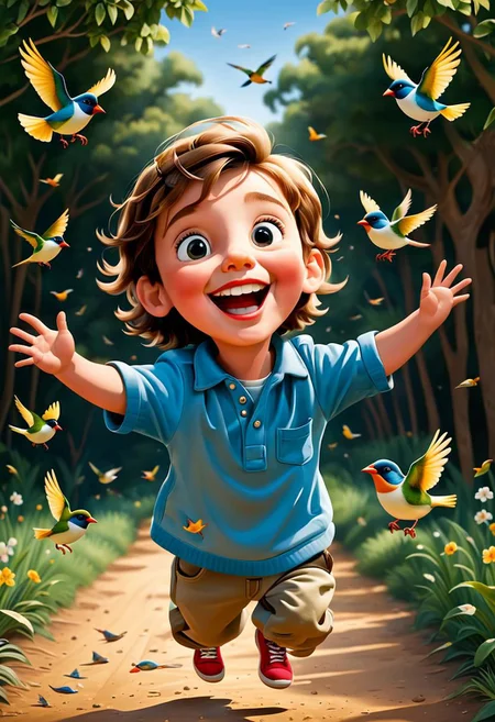 masterpiece, solo focus award winning portrait of a small birds flying around a happy kid