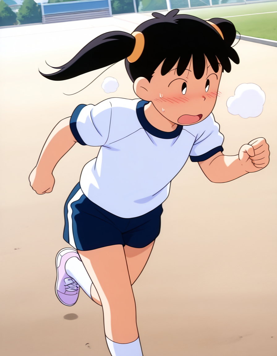 (masterpiece:1.4), (best quality:1.4),  very aesthetic, newest,best quality, amazing quality, absurdres,
anime screenshot,retro artstyle
1girl,,solo,noyama_azusa,twintails,black hair,black and white eyes,hair ornament,
 <lora:noyama_azusa_v9:1>
gym t-shirt,blue gym shorts,white high socks,
outdoor,school ground,running,sweat,steam,open mouth,
,blush
cowboy shot,dutch angle