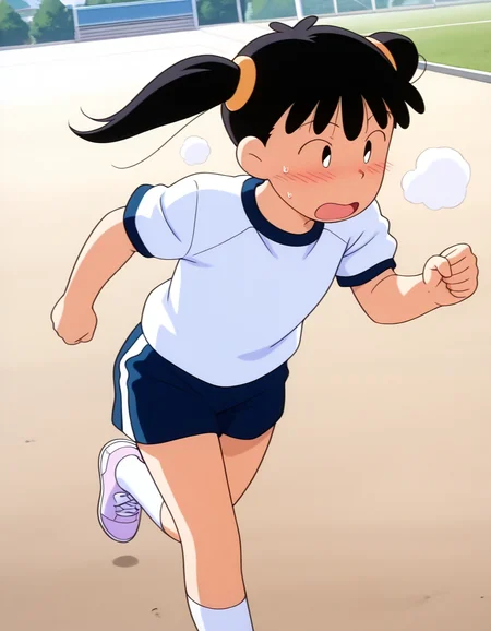 (masterpiece:1.4), (best quality:1.4),  very aesthetic, newest,best quality, amazing quality, absurdres,
anime screenshot,retro artstyle
1girl,,solo,noyama_azusa,twintails,black hair,black and white eyes,hair ornament,
 <lora:noyama_azusa_v9:1>
gym t-shirt,blue gym shorts,white high socks,
outdoor,school ground,running,sweat,steam,open mouth,
,blush
cowboy shot,dutch angle