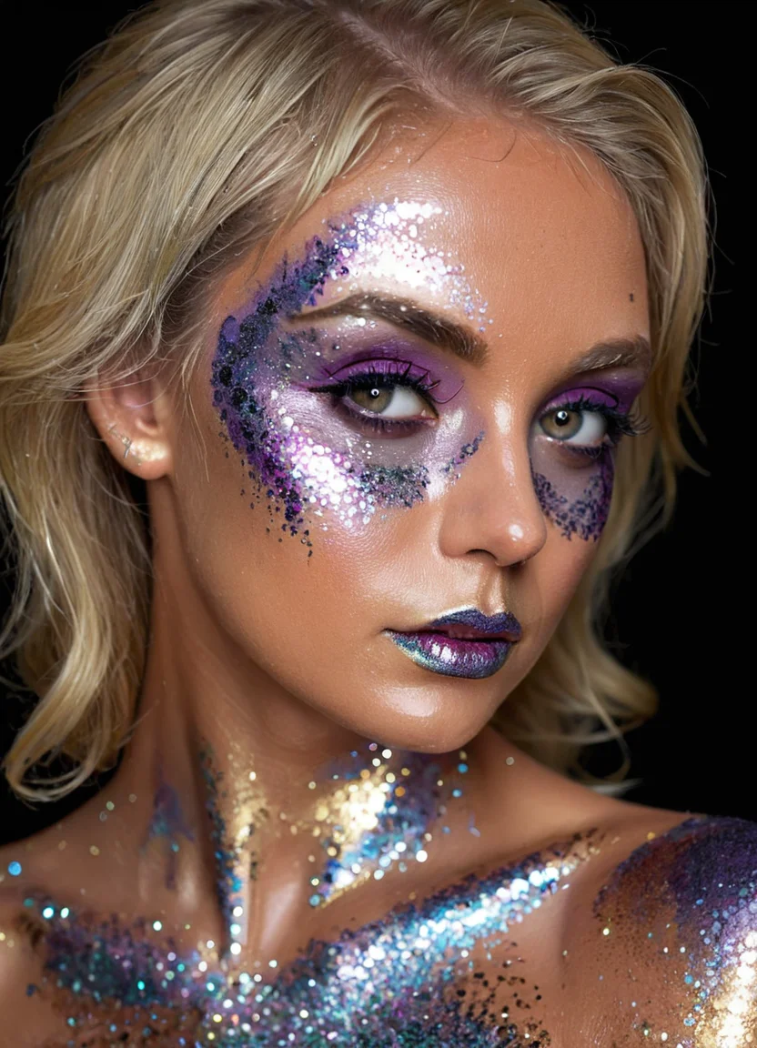 studio portrait of a woman, GlitterStyle, makeup, eyeshadow, mascara, black background, bodypaint, upper body, blonde hair, highly detailed, realistic,
<lora:GlitterStyle_sdxl:0.8>