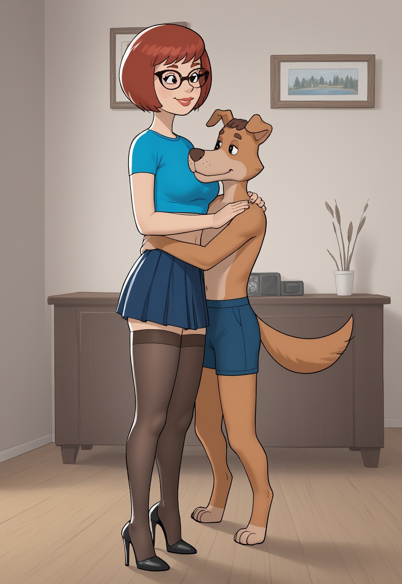 score_7, score_8, 2d, cartoon, flat colours, prostokvashino, rimma,, sharik, dog and woman, two characters, dog and woman, couplr with size difference, shorter male, bigger female,  black eyes, (male anthro dog sharik), (female human rimma).

first character (woman in blue short microskirt , blue crop top, midriff, short hair, red hair, girl in cateye glasses, black high heeled shoes, black stockings, )

second character (male anthro dog sharik, furry dog character with brown fur, male dog)

(dog and  woman)  posing together, interior, , smirking smile, woman hugging dog and dog with one hand, 