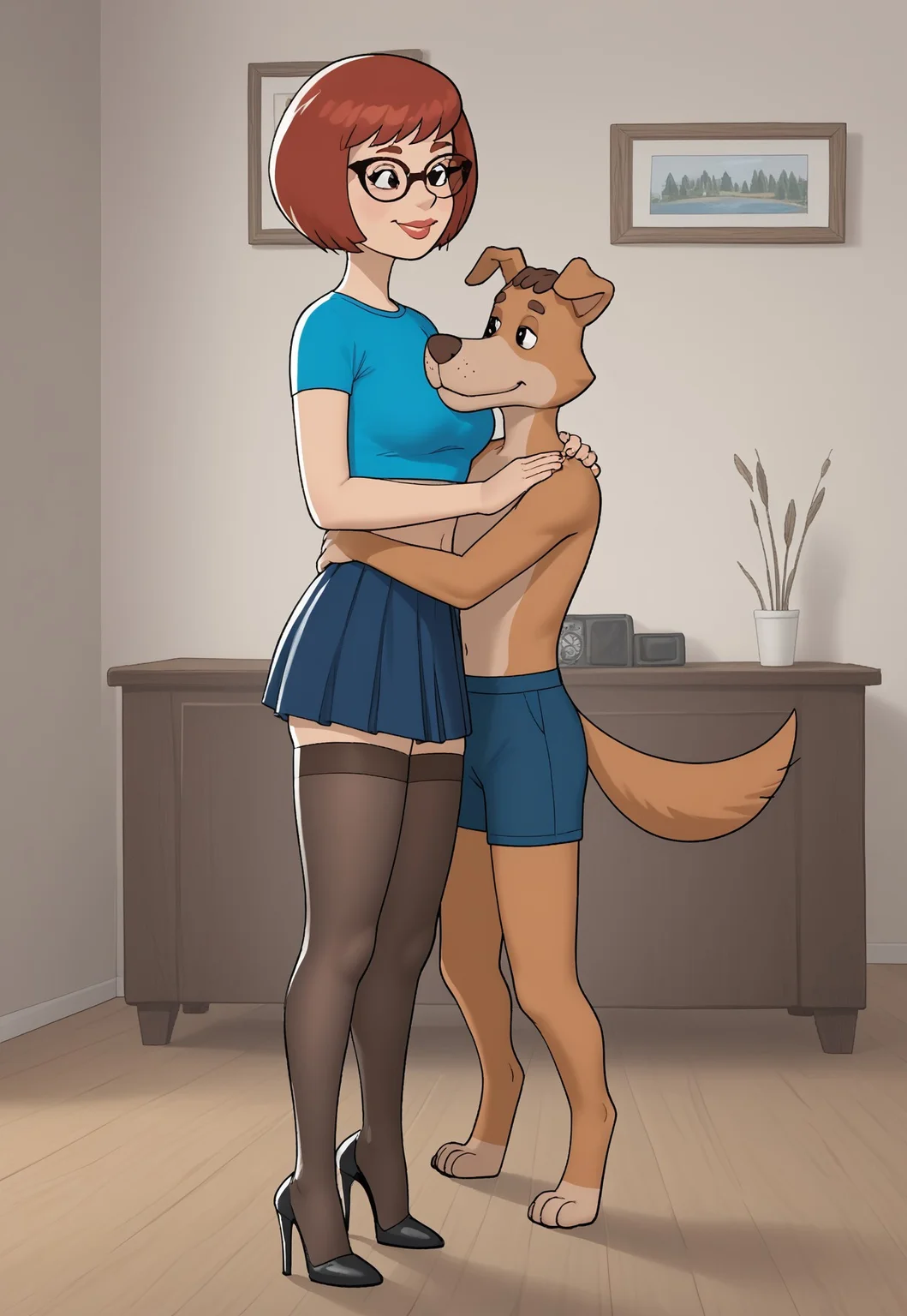 score_7, score_8, 2d, cartoon, flat colours, prostokvashino, rimma,, sharik, dog and woman, two characters, dog and woman, couplr with size difference, shorter male, bigger female,  black eyes, (male anthro dog sharik), (female human rimma).

first character (woman in blue short microskirt , blue crop top, midriff, short hair, red hair, girl in cateye glasses, black high heeled shoes, black stockings, )

second character (male anthro dog sharik, furry dog character with brown fur, male dog)

(dog and  woman)  posing together, interior, , smirking smile, woman hugging dog and dog with one hand, 