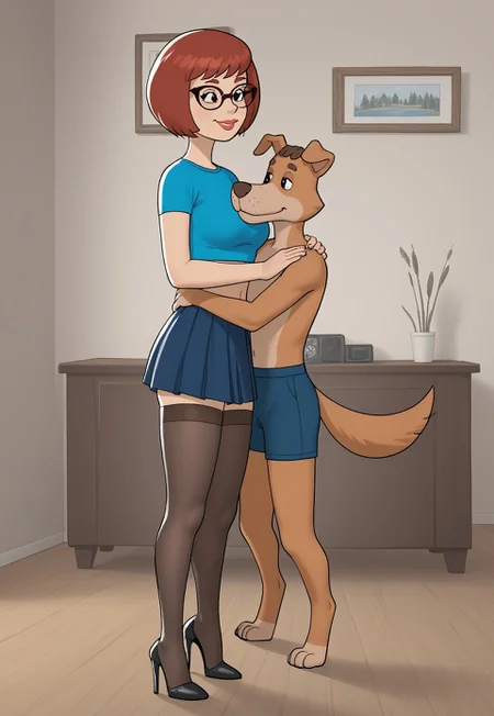 score_7, score_8, 2d, cartoon, flat colours, prostokvashino, rimma,, sharik, dog and woman, two characters, dog and woman, couplr with size difference, shorter male, bigger female,  black eyes, (male anthro dog sharik), (female human rimma).

first character (woman in blue short microskirt , blue crop top, midriff, short hair, red hair, girl in cateye glasses, black high heeled shoes, black stockings, )

second character (male anthro dog sharik, furry dog character with brown fur, male dog)

(dog and  woman)  posing together, interior, , smirking smile, woman hugging dog and dog with one hand, 