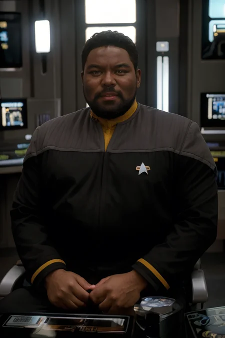JosephOnweghi, in black and yellow ds9st uniform sitting, dsnstation bridge, 8k uhd, dslr, soft lighting, high quality, film grain, masterpiece quality, Fujifilm XT3 <lora:DS9_768V12:0.8>
<lora:JosephOnweghiLora:1>  <lora:weight_slider_v2:0.8>