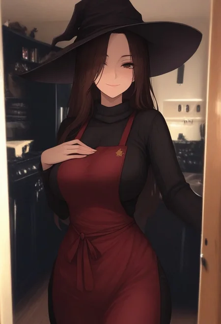 masterpiece,best quality,amazing quality, PHTBG, photo background, 1girl, solo, brown hair, brown eyes, parted bangs, long hair, large breasts, witch hat, black sweater, red apron, black pants, looking at you, hand on own chest, smile, indoors, hat over one eye