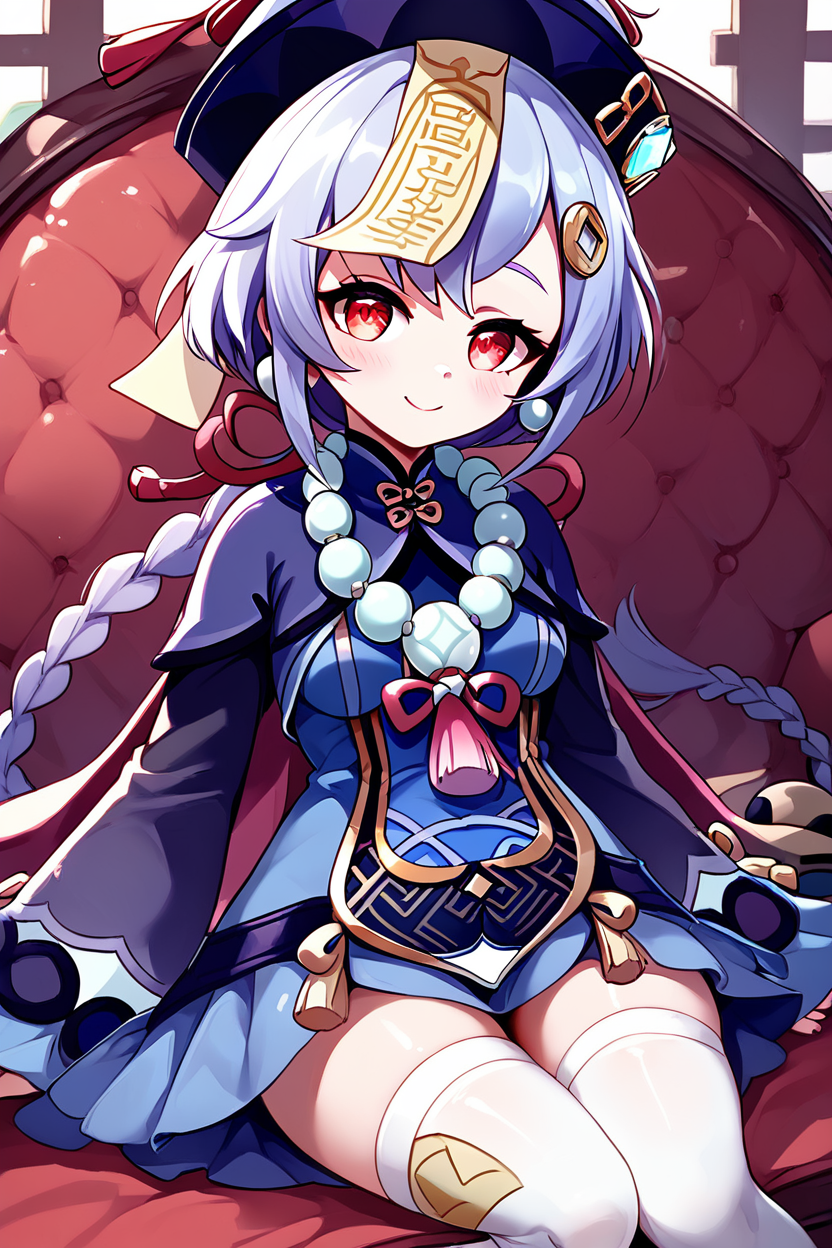 score_9, score_8_up, score_8, medium breasts, (curvy), cute, eyelashes,       ,,, , ,,, zzQiqi, braid, long hair, red eyes, hair ornament, earrings,   ofuda, qingdai guanmao, jiangshi, long sleeves, bead necklace, wide sleeves, white thighhighs, dress, <lora:Qiqi_Genshin_PDXL_v2:0.8>,     ,,,, BREAK, ,,, smile, looking at viewer, blush, blurry, couch, sitting, ,,, shiny skin, <lora:ProAnime_PDXL_v1:0.7>, ,,, embedding:zPDXL, Expressiveh, <lora:SDXLFaeTastic2400:0.5>, <lora:Expressive_H-000001:0.4>,
