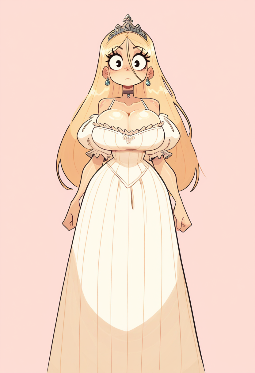 masterpiece, best quality,
 <lora:Jack_Cayless:1> j4ckc41l3ss,  1girl, solo,standing,looking at viewer,blonde hair, long hair,large breasts, narrow waists,tiara, choker, earrings,dress, white dress, long dress, cleavage,pink background, simple background,