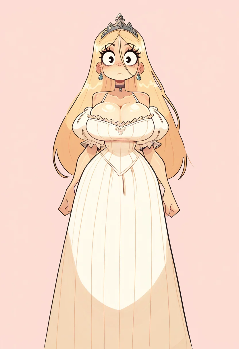 masterpiece, best quality,
 <lora:Jack_Cayless:1> j4ckc41l3ss,  1girl, solo,standing,looking at viewer,blonde hair, long hair,large breasts, narrow waists,tiara, choker, earrings,dress, white dress, long dress, cleavage,pink background, simple background,