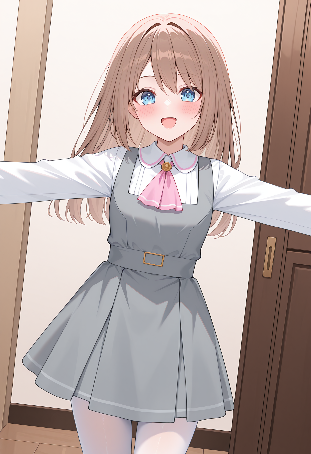 highres, best quality, masterpiece, indoors,
1girl, solo, nptram, brown hair, long hair, blue eyes,
nram2df, white shirt, collared shirt, pink ascot, pinafore dress, grey dress, long sleeves, white pantyhose,
looking at viewer, blush, smile,
standing, spread arms, open mouth, 
dutch angle,
<lora:_ram_neptunia-elesico-ilxl:1>